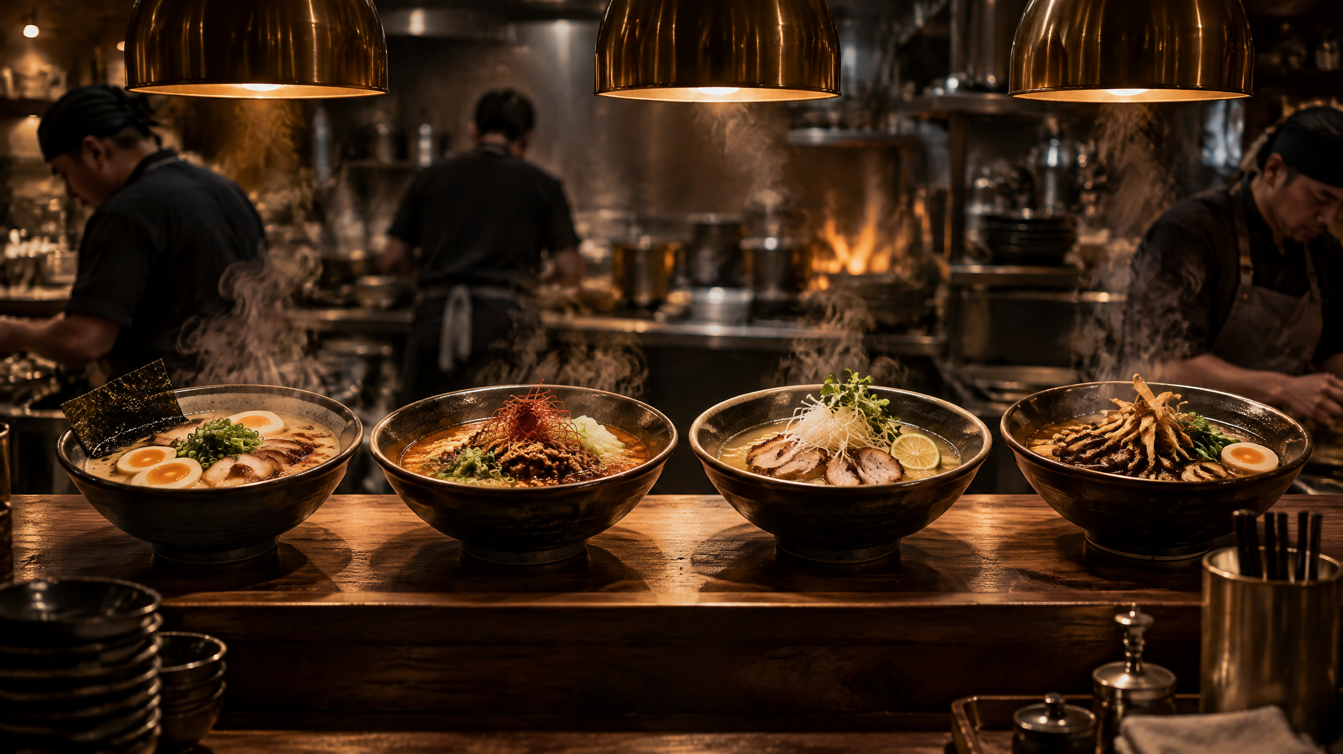 Wide cinematic photograph of a busy restaurant pass at night, with four identical bowls of steaming ramen lined up in a row under warm pendant lights. Each bowl is plated slightly differently, as if m