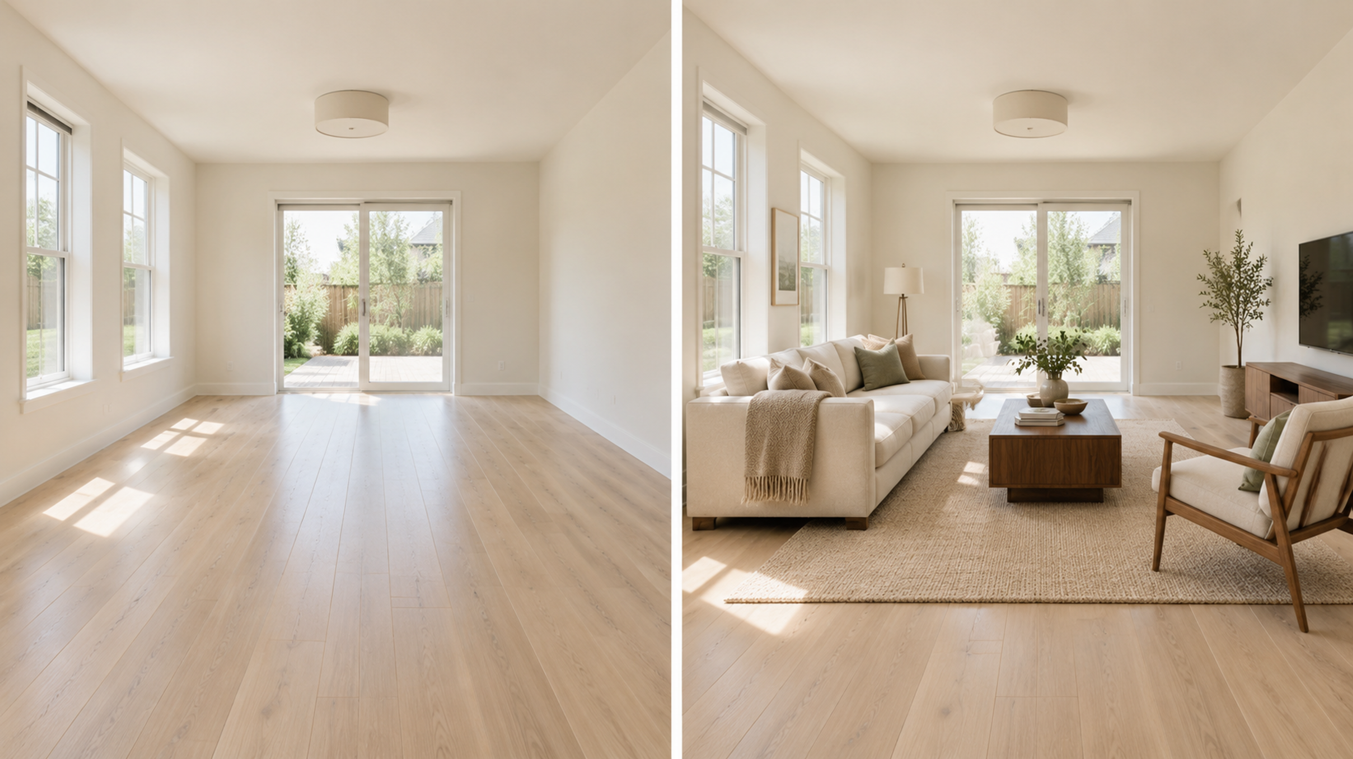 Create a polished editorial illustration using two adjacent photographic panels of the same contemporary living room from an identical camera position. The left panel shows the empty room with pale oa