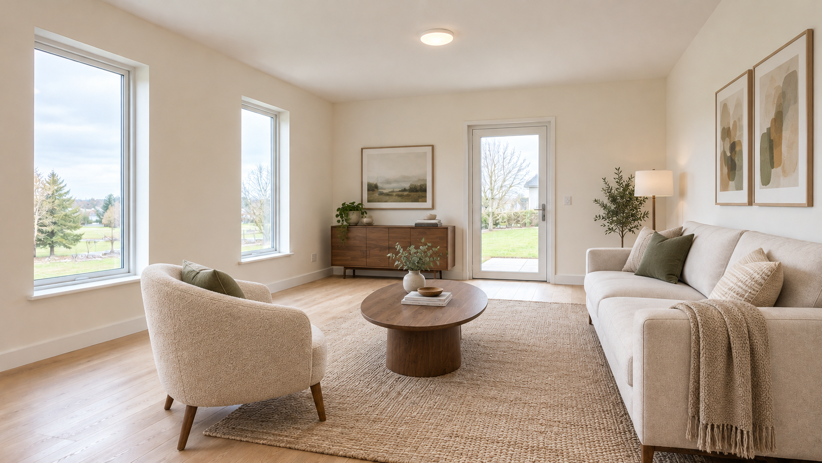 Demonstrate furniture staging and provide the main source-versus-result comparison for architectural preservation.